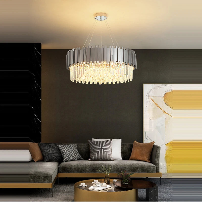 LED Gold Chrome 2 Layer Crystal Ceiling Chandeliers 2023 New Trend Lighting Lustre Suspension Luminaire Lamp For Living Room