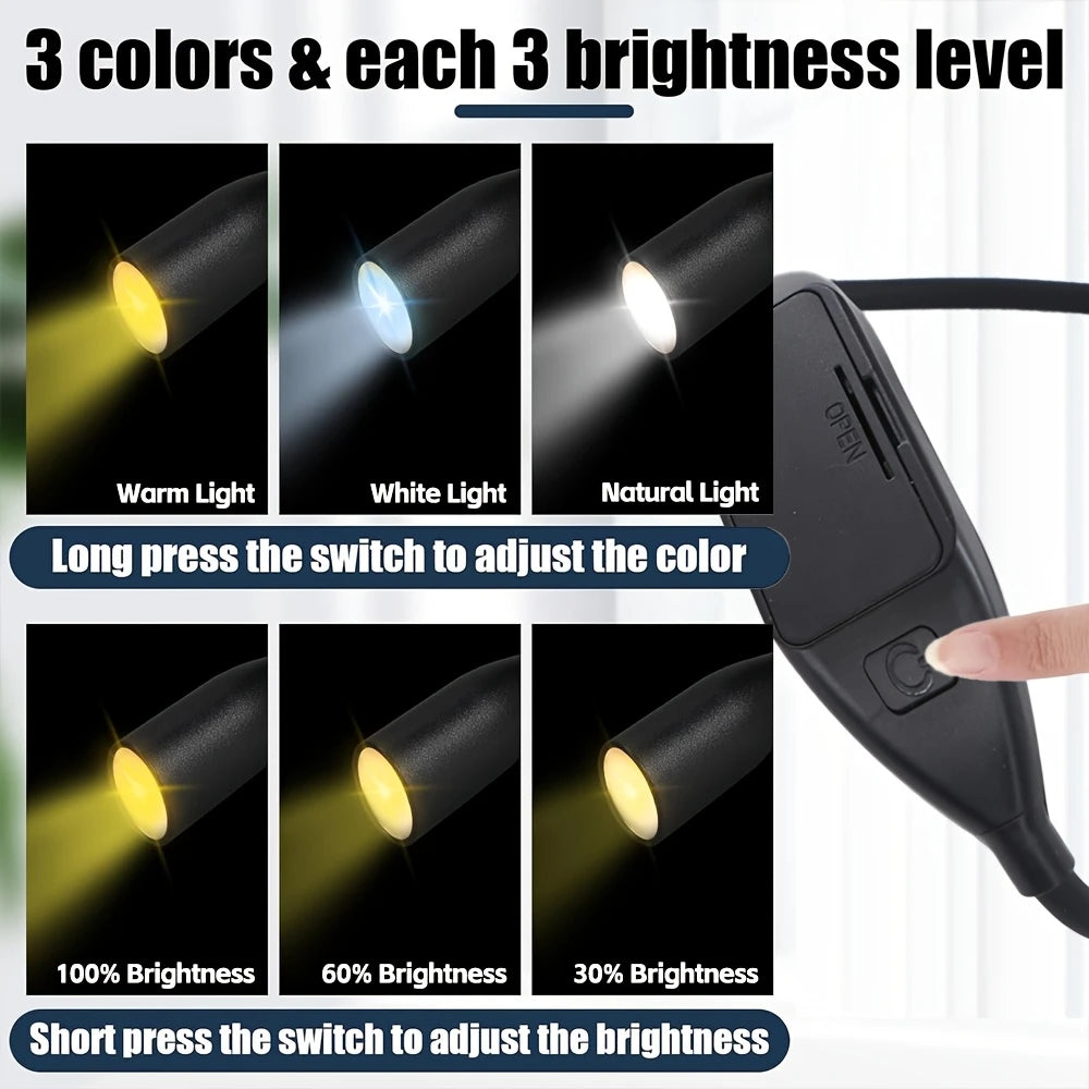 Neck Reading Light with 3 Colors & Dimmable Brightness - Portable Battery Operated Wearable LED Book Light for Crocheting, Knitting & Crafting