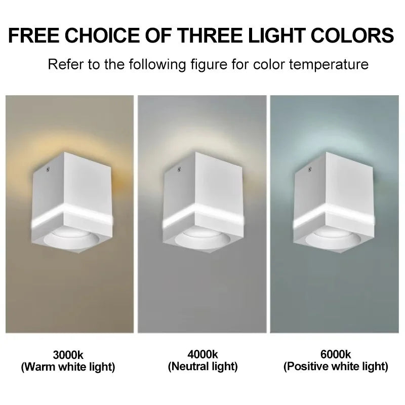 Square Surface Mount LED Downlight - No-Drill Ceiling Spotlight (7W-15W)