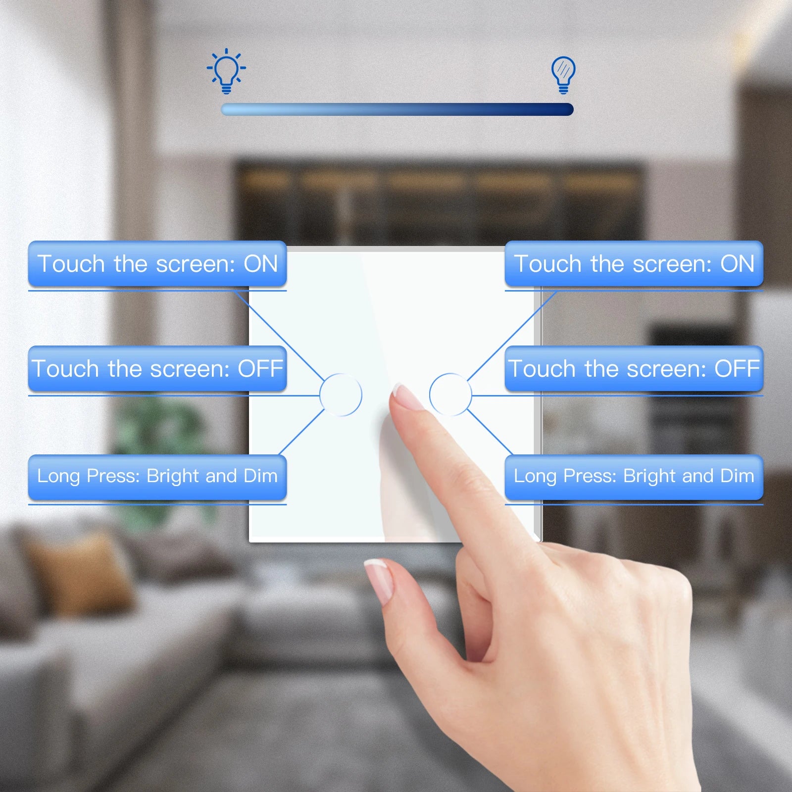 LED Wall Touch Switch 2Gang 1Way LED Dimmer Switch Light Dimmers Glass Panel EU Standard  220v Blue Backlight