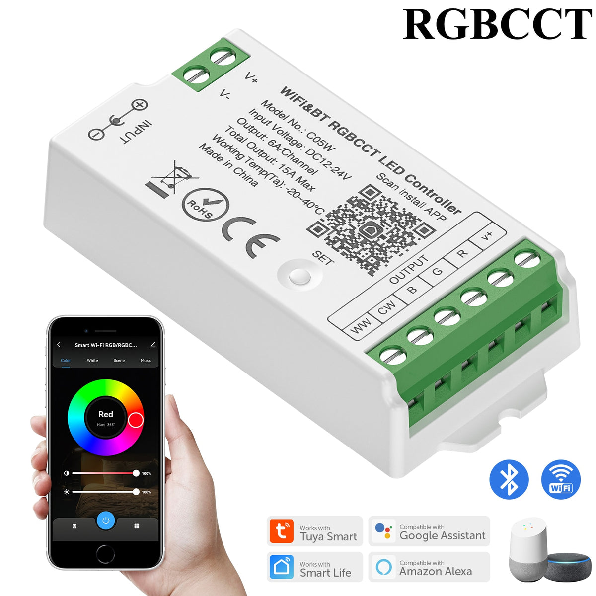 Smart LED Controller, Tuya WiFi, Alexa, Google Home, Bluetooth Voice Control, Dynamic Lighting Control, CCT, RGB, RGBW, Dimmer, iOS, Android, 2.4G, DC12V, DC24V, Intelligent Connectivity, Dynamic Light Modes, User-Friendly Compatibility, Versatile Voltage Support, Effortless Control, Max Load Power, Durable Craftsmanship, Certified Quality, Two-Year Warranty, WiFi and Bluetooth Connection, Lighting Ambiance, Lighting Control Options
