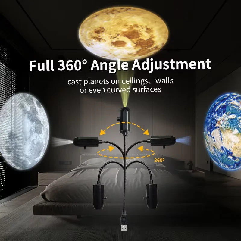 Planet & Moon Projection Night Light - USB Earth & Galaxy Bedroom Ceiling Lamp