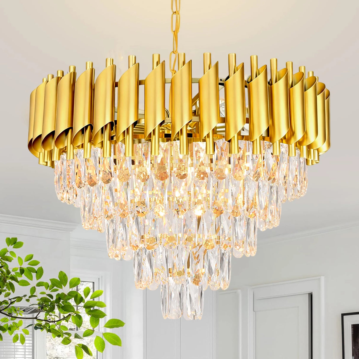 Modern Golden Crystal Chandelier, 5-Layer Circular Luxury Ceiling Chandelier, Suitable for Dining/Living Room/Entrance Hall