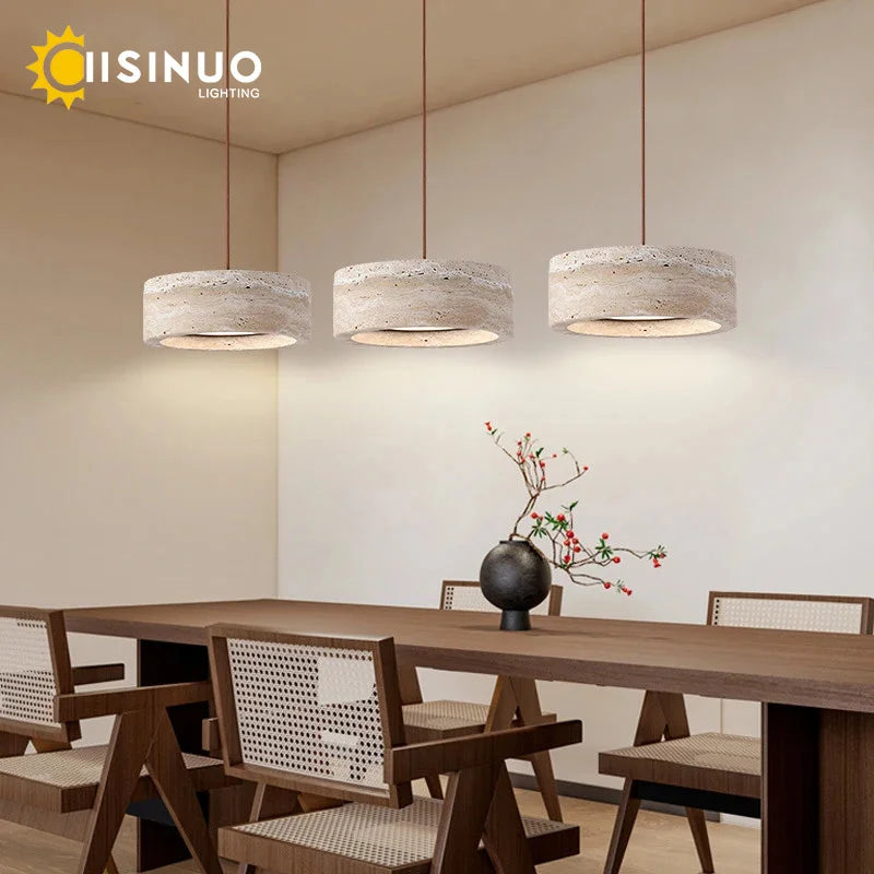 Wabi-Sabi Travertine Pendant Lamp - Natural Stone Round LED Chandelier