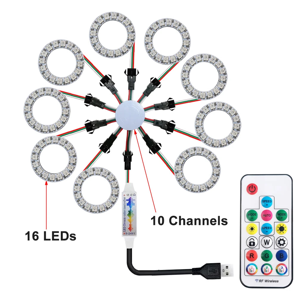 LED Sparkle Ring Light Circle Module WS2812B Individually Addressable RGB Atmosphere Lamp 17 Key Music Remote Control for Party
