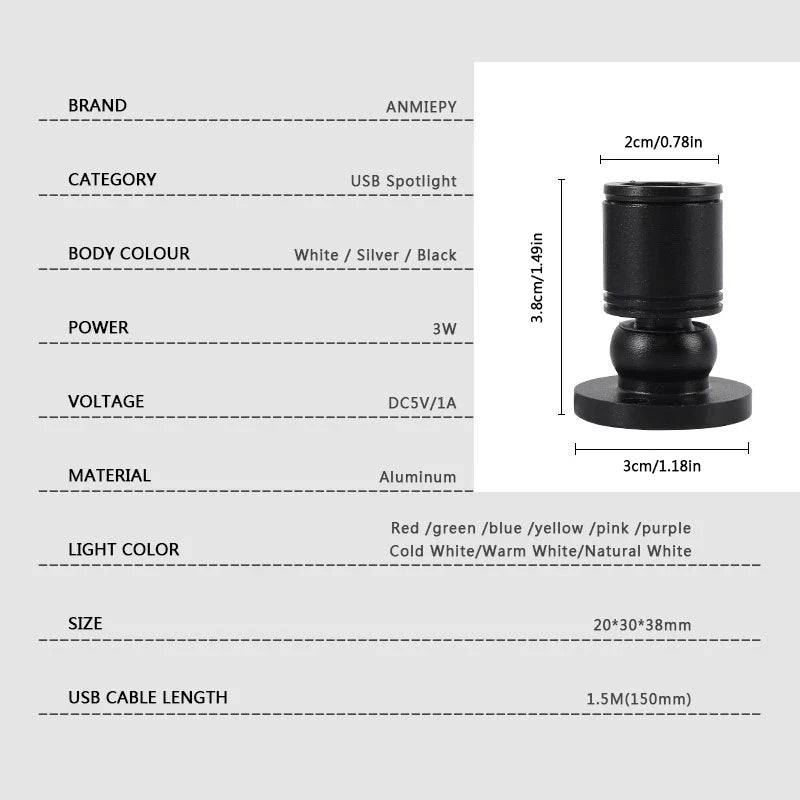 USB small spotlight 3W mini hand-held display cabinet wine cabinet workbench jewelry atmosphere lamp adjustable led spotlight
