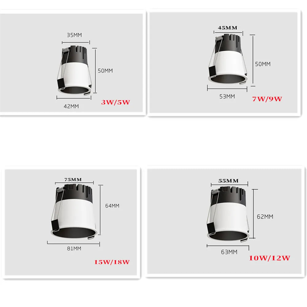 Mini Anti-glare LED COB Spotlight 3W 5W 7W 10W 12W 15W Dimmable LED Downlight 18W 110V 220V Ceiling lamp For Indoor lighting