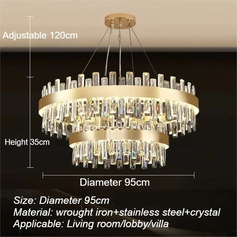 Luxury Double-Layer Round Crystal Chandelier (Golden Finish) - Modern Tiered Ceiling Pendant Light Fixture for Living Room, Bedroom & Dining Room