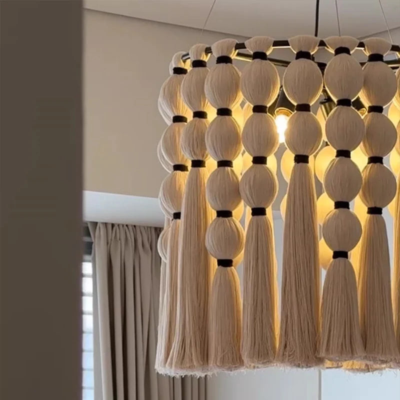 Nordic Wabi Sabi Minimalist Handmade Cotton Rope Bosnian Tassel Chandelier Living Dining Room Bedroom Pendant Light Lamp Fixture