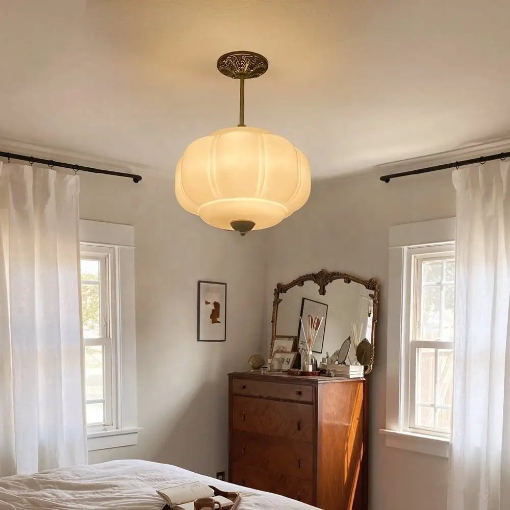 Eloise French Medieval Scallop Milk Glass Pendant Lamp - Retro Green Globe LED Dimmable Hanging Light for Homestay, Dining Room & Office Decor