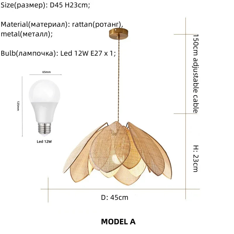 Dining Room Rattan Petal E27 Chandelier Nordic Wabi Sabi Led Pendant Lights Modern Simple Foyer Suspend Lamp Bedroom Lamparas