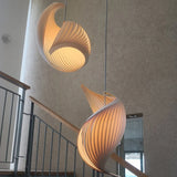 Japanese Style Duplex Staircase Chandelier Handmade Pleated Finish Wood Hanging Lights for Dining Bedroom Staircase Fixture