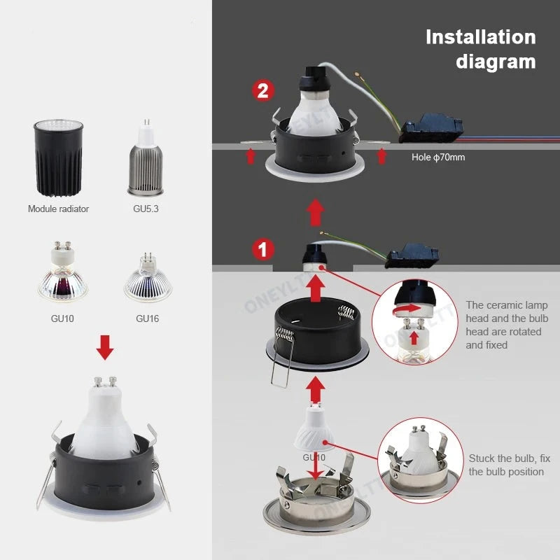 New Design IP65 Waterproof Recessed GU10/MR16 Led Spot Light Fixtures Downlight Frame Round Square GU10 Spotlight Bulb Housing