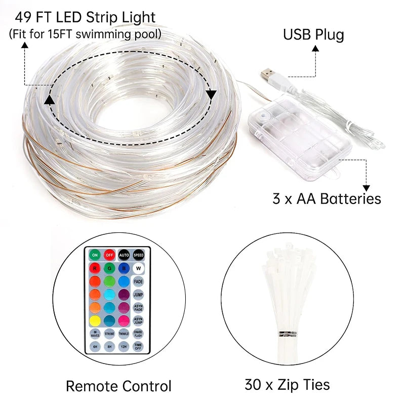 12M LED Rope Light Outdoor Waterproof Swimming Pool String Light 4 Modes Battery Operated Remote Control Trampoline String Light