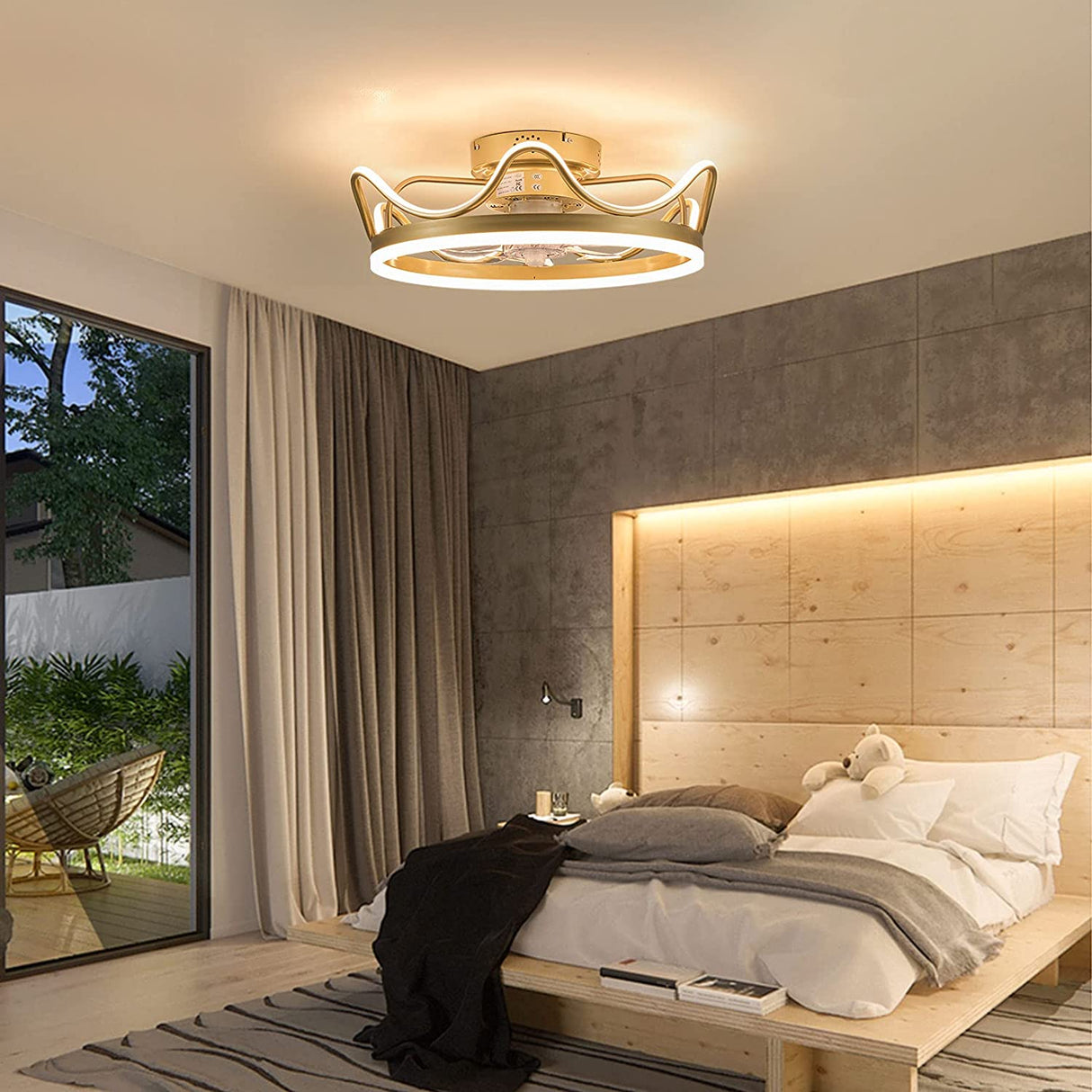 Modern Black/Gold 22 Inch Crown Shape LED Ceiling Fan Light with Remote Control for Bedroom Living Room