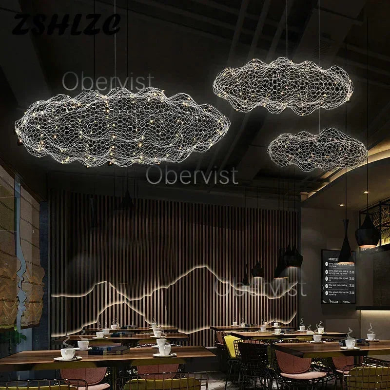 Nordic Art Floating Cloud Chandelier for Hotel Hall Restaurant Office Bar Pendant Lamp Suspended LED Luminaire with Spotlight