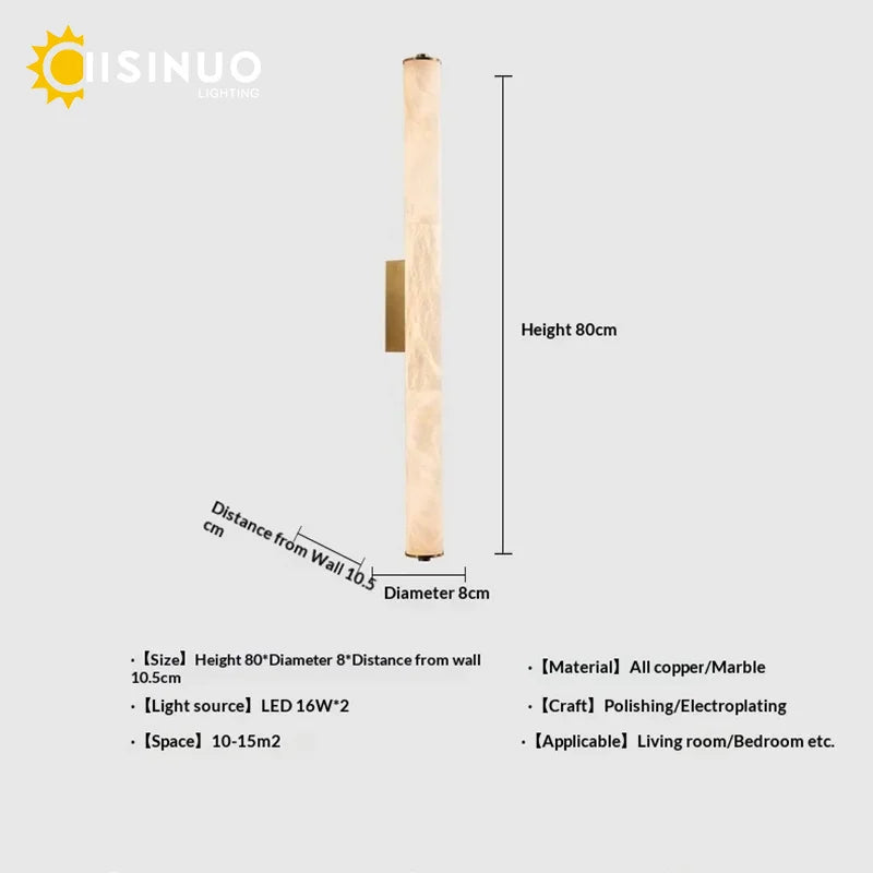 Spanish Natural Marble Wall Sconce Lamp - Cylindrical Up & Down LED Wall Light Fixture for Bathroom, Bedroom, Stairs & Parlor Decor