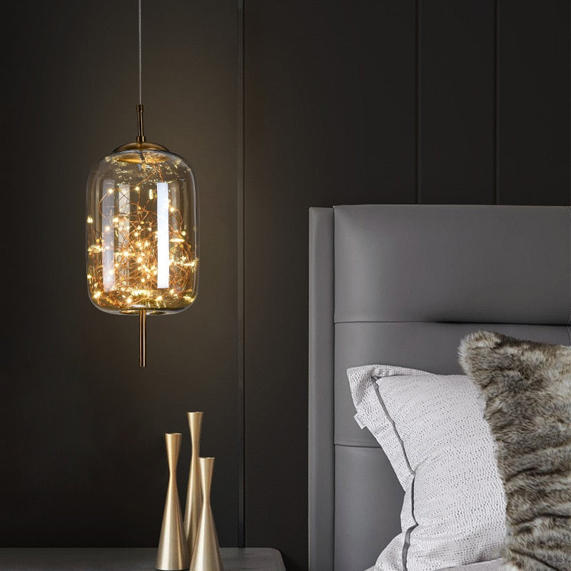 Nordic Net Red Bedside Chandelier Girl Light Luxury Long Line Personality Art Full Of Stars Hotel Bar Glass Small Chandelier
