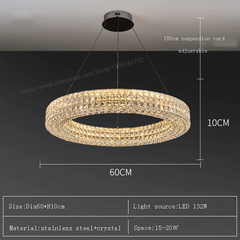 Round Crystal Chandelier Home Decoration Hanging Lamp Living Dinning Room Modern Crystal Pendant Light Kitchen Dimmable LED Lamp