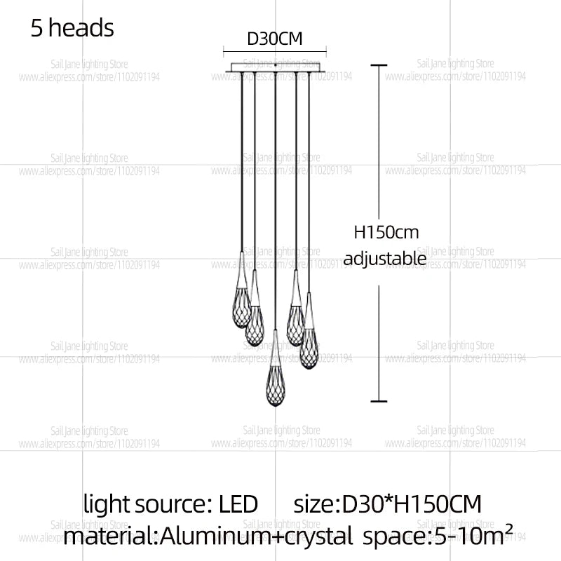 Modern Luxury Crystal Chandelier Hanging Staircas Water Droplet Pendent Lamp Villa Living Room Ceiling Light Attic Pendant Light