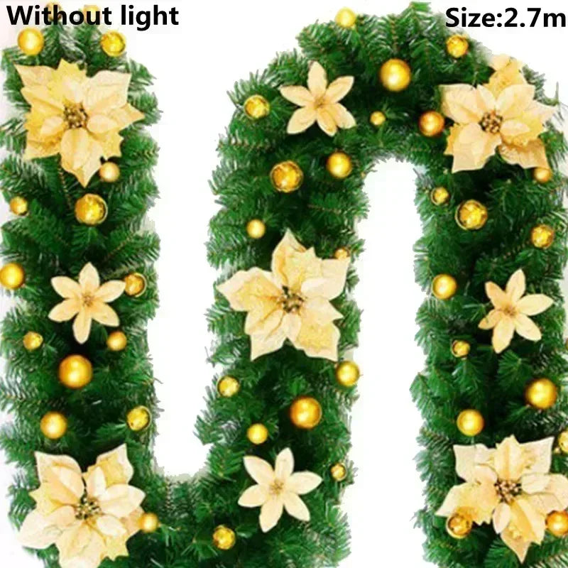 Christmas LED Rattan Garland 2.7m Artificial Xmas Tree Wreath, Decorative Banner for Home Fireplace Door Staircase Party Decor