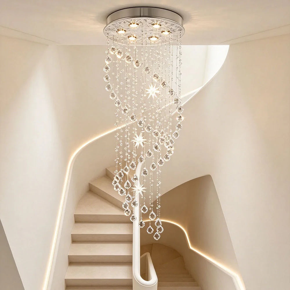 Luxury Spiral K9 Crystal Pendant Light Long Star Crystal Chandelier For Duplex Stairwell Villa Entrance Indoor LED Lighting