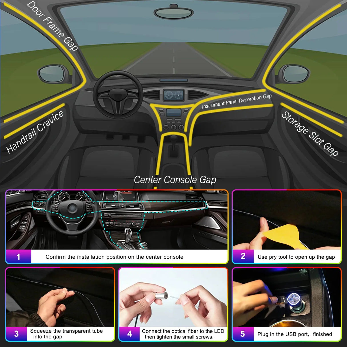 Fiber Optic LED Car Ambient Lighting - RGB Neon Interior Atmosphere Kit