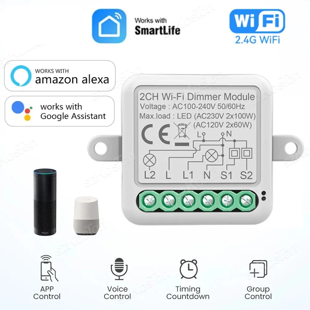  Wi fi Smart Dimmer Switch Module 10A Support 2 Way Control 1/2 Gang Dimmable Compatible with Alexa Google Home Smart life App