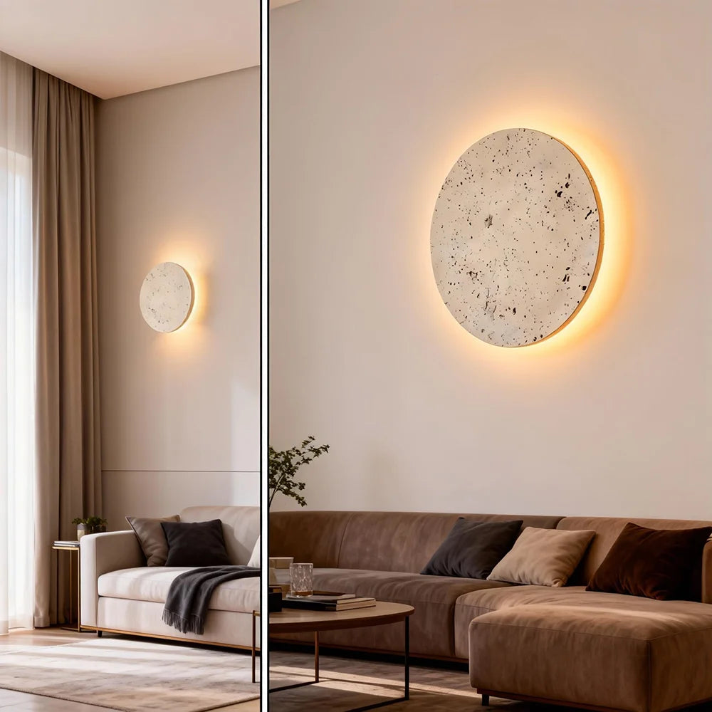 Huangdong Stone Round Thin Slice LED Wall Lamp - Designer Natural Travertine Accent Sconce Light Fixture for Bedroom Bedside, Living Room & Staircase