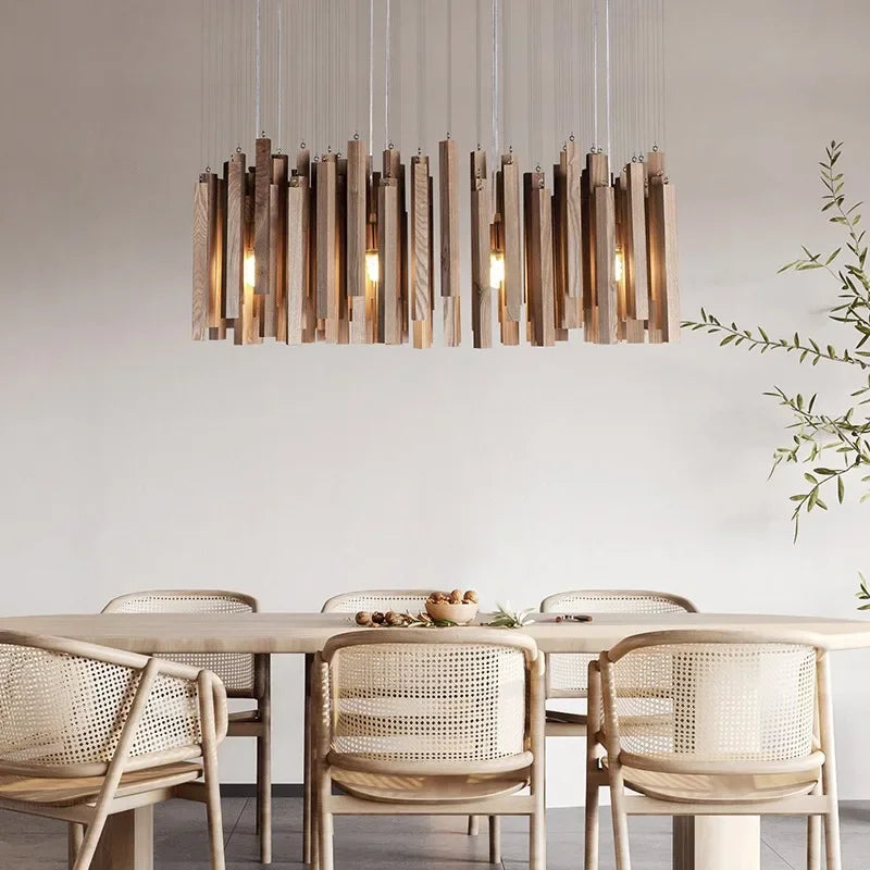Retro Wooden Hanging Chandelier Light For Dining Living Room Farmhouse Kitchen Table Solid Wood Led Pendant Chandelier Lamp
