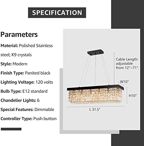 Rectangular Crystal Chandelier Industrial Rectangle Led Pendant Light Fixture for Kitchen Island Dining Room Black L 33.5" x