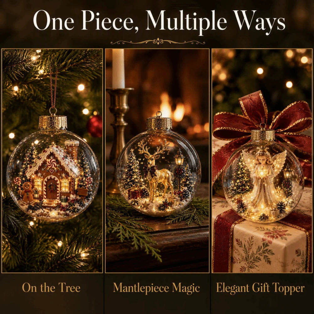 1pc 8CM Size Acrylic Material Christmas Ball Ornament Transparent Design with Light Santa Claus Pendant Hanging Christmas Decor