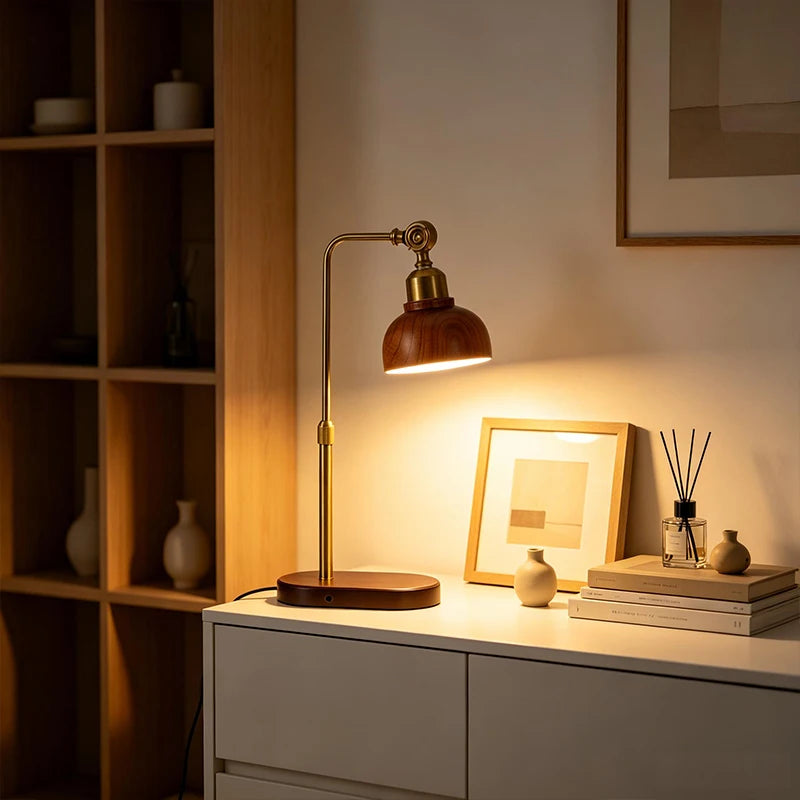 Wooden Table Lamp Three-color Lights Desk Lamp Height Adjustable and Dimmable Brightness Bedside Lamp Night Light for Home