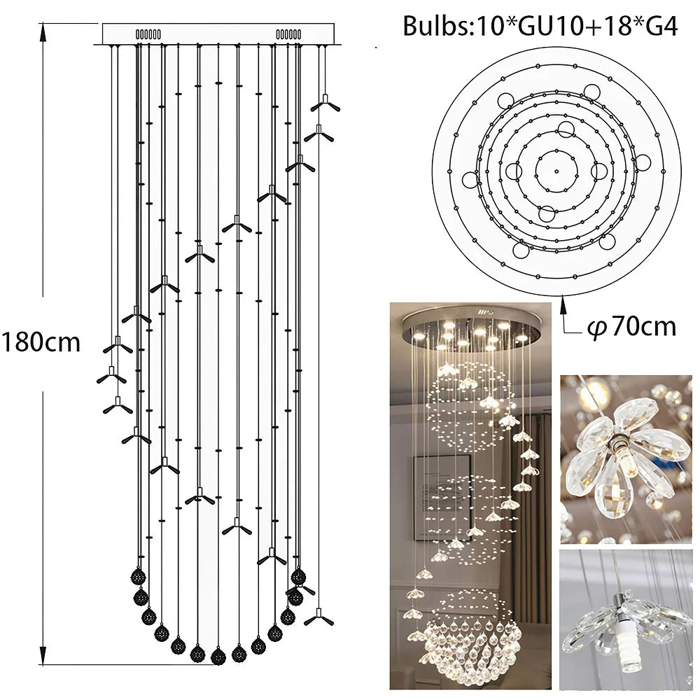 Floral Crystal String Chandelier Tall LED Pendant Light Indoor Decor Lighting For High Ceiling Stairs Lobby Hotel