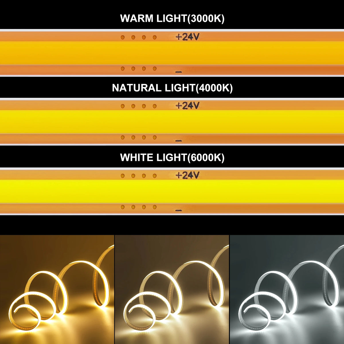 DC 12V/24V Cuttable COB LED Strip Lights (400 LEDs/m, 3000K/4000K/6000K) - Flexible Linear Tape Light for Indoor Home Decor (1m–10m)