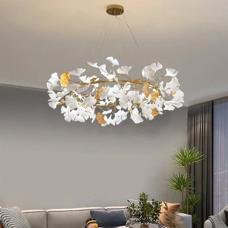 Nordic Ginkgo Leaf LED Chandelier - Modern Round Interior Hanging Light