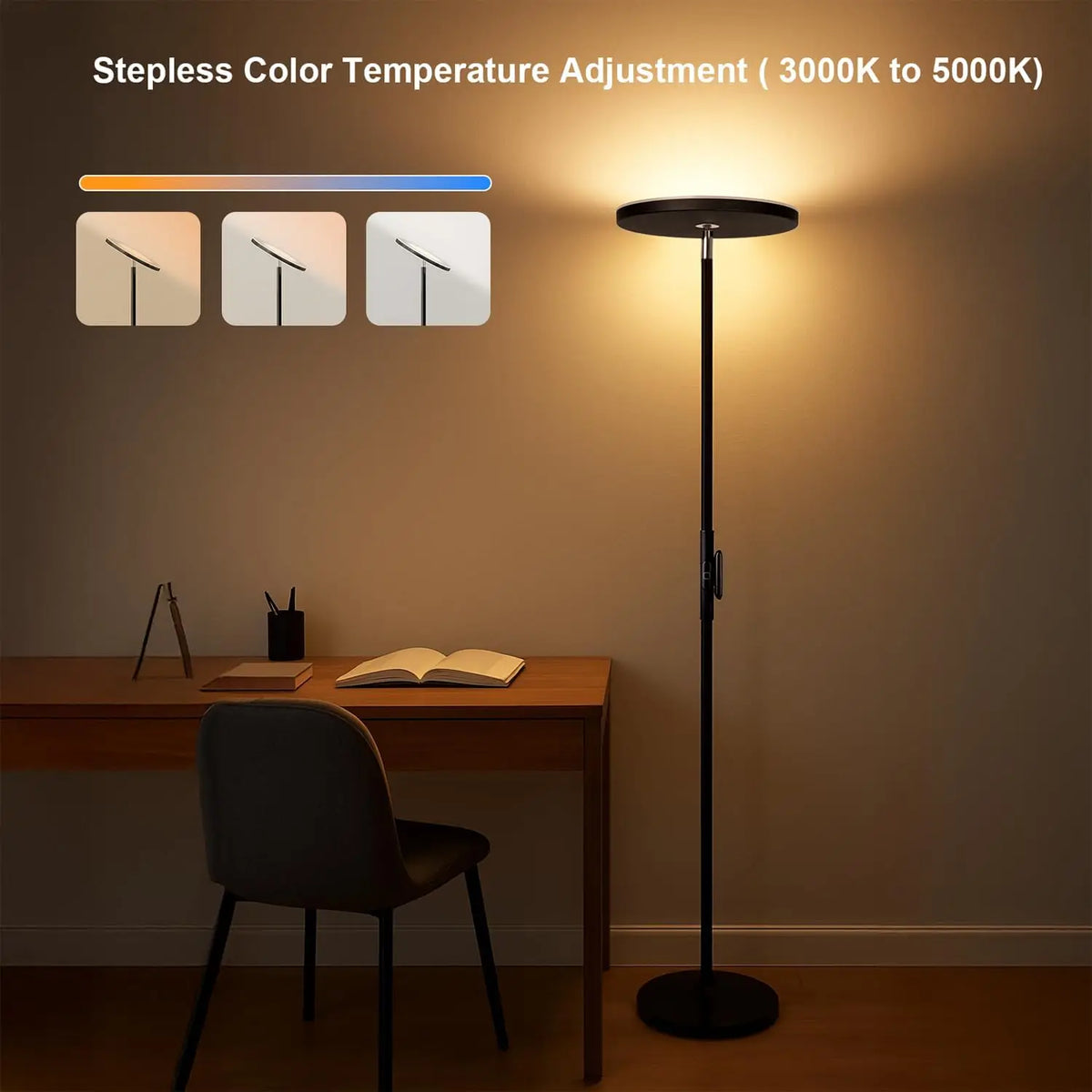 Remote-Controlled LED Torchiere Floor Lamp - Stepless Dimmable Upward Standing Light Fixture for Living Room, Bedroom Bedside & Office Lighting