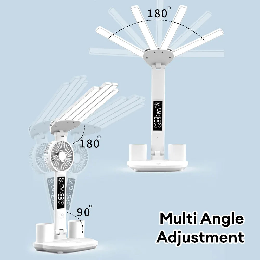 Multi-use Table Lamp Folding Time Date Display Desktop Fan Lamp Tricolor LED Reading Lamp with Pen Holder for Bedroom Office