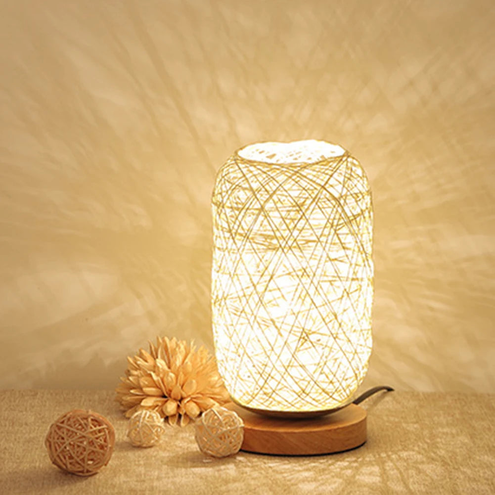 Led Night Light Wooden Rattan Twine Table Lamps Dimmable Light Desk Lights Home Art For Power Bank Bedroom Bedside Decoration