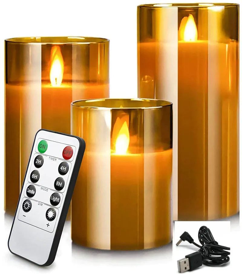 USB Rechargeable LED Flameless Pillar Candle set Flickering Moving Wick Paraffin Real Wax Remote controlled w/Timer Glass Lights