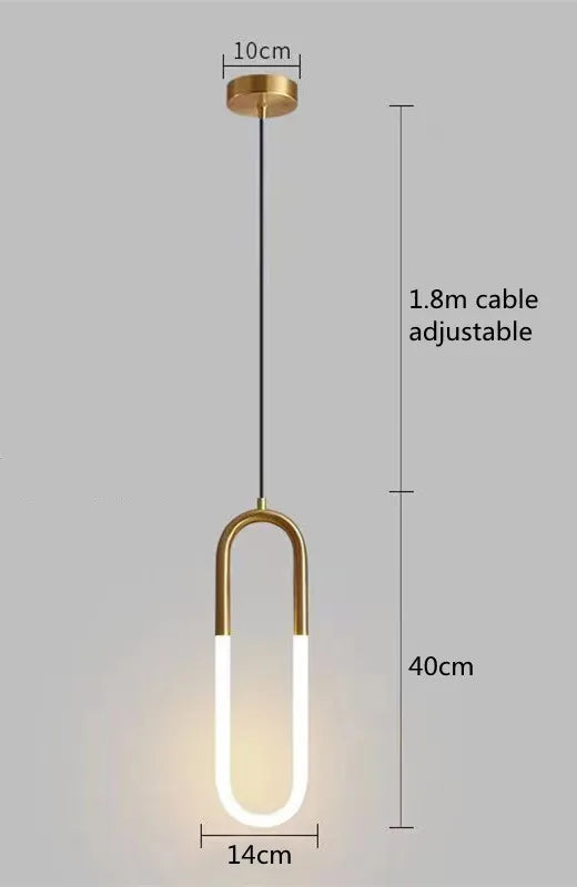 Brass U-Shaped Tube LED Pendant Light - Modern Long-Line Bedside Hanging Lamp
