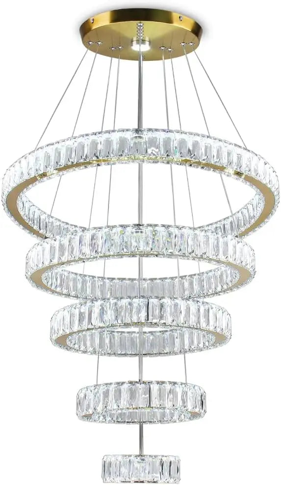 LED Crystal Chandeliers, Modern 5 Rings Pendant Light Titanium Gold Stainless Steel Height Adjustable Ceiling Light for Be