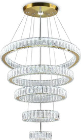 LED Crystal Chandeliers, Modern 5 Rings Pendant Light Titanium Gold Stainless Steel Height Adjustable Ceiling Light for Be