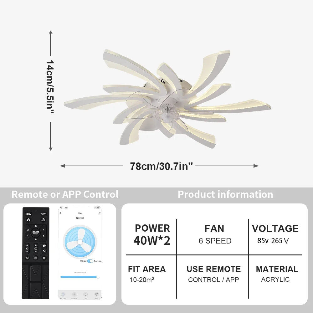 Modern Smart Ceiling Fan with LED Light - App & Remote Controlled, Dimmable