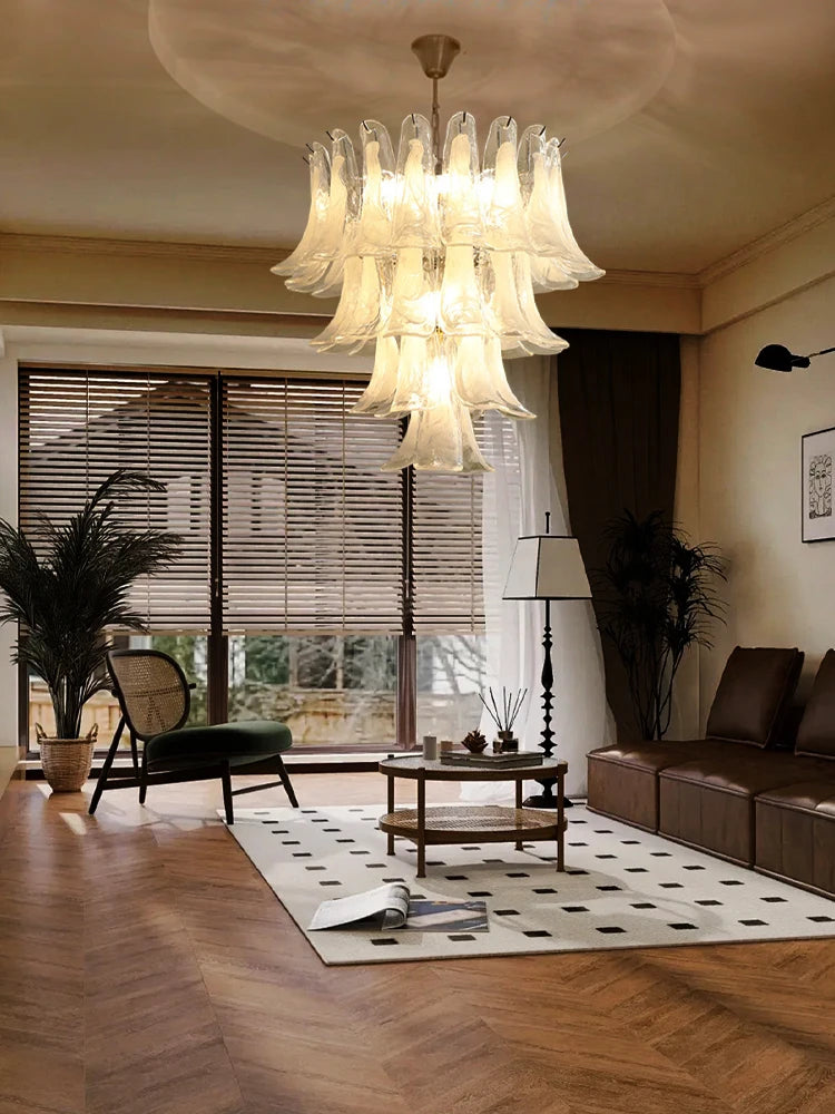 Cloudy White Glass Flower Petal Vintage Chandelier Italy Design Lighting Fixture LED Remote Dimmable Available Living Room Deco