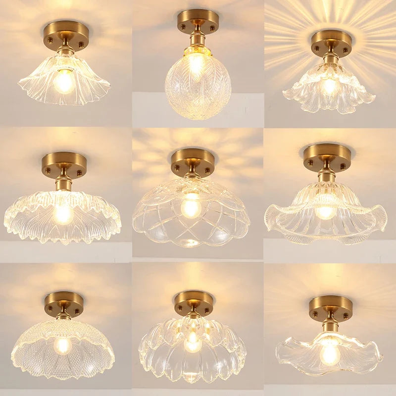 Retro LED Glass Ceiling Lights Nordic Brass Flower Aisle Decors Fixtures Living Room Corridor Balcony lamp Home Lighting Lusters&#39;