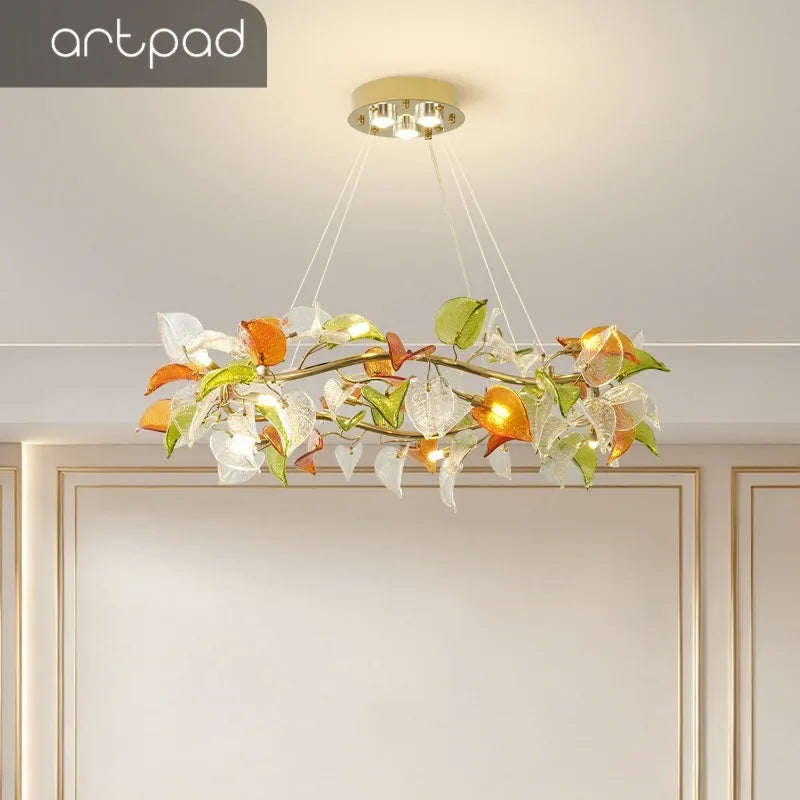 Modern Glass Leaf Pendant Chandelier for Living Dining Room Branch French Colorful Ceramics Leaf Pendant Light Kid Bedroom