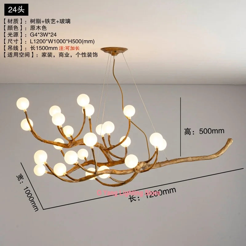 Retro Brown Antique LED Pendant - Art Branch Light with Frosted Lampshades