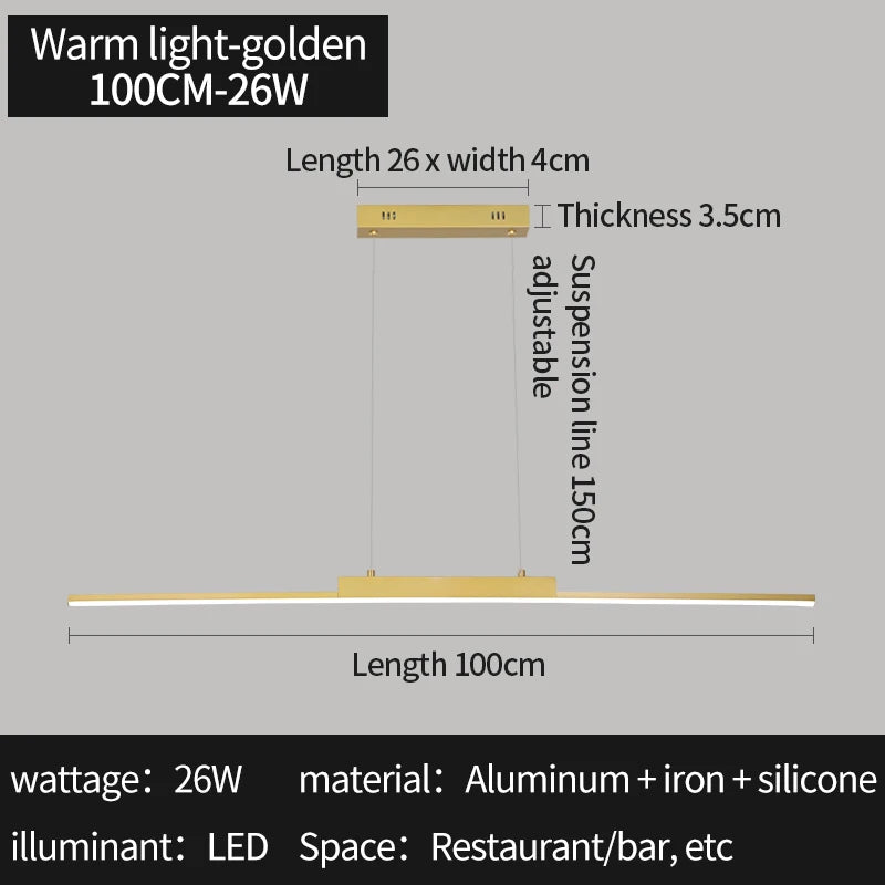 Modern Minimalist LED Pendant Light for Dining Room Adjustable Linear Chandelier in Gold Dimmable Hanging Lamp Fixture for Home