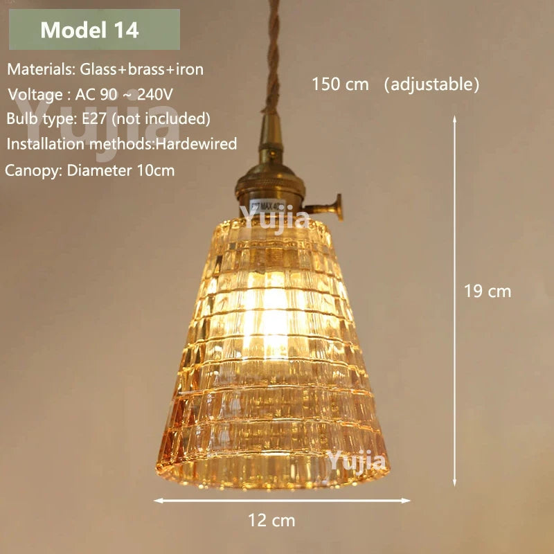 Vintage Amber Glass Pendant Light - Retro Brass Adjustable Hanging Hanging Lamp